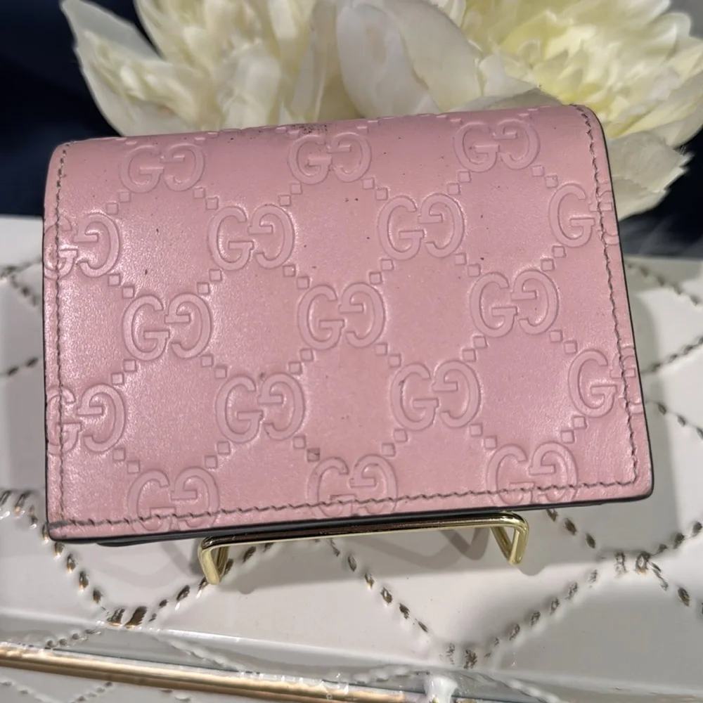 💖GUCCI Guccissima Signature Crystal Cat Card Case Wallet Light Candy Pink